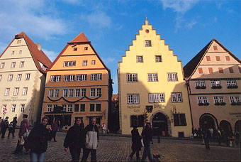 Restaurant, Hotels and Cafe in front of Markt, Rothenburg. Southern German must like light yellow